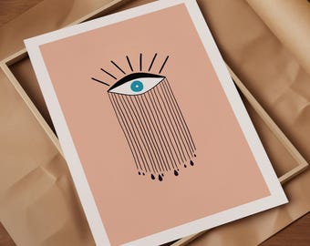 Stampa artistica con occhio malvagio: decorazione boho costiera astratta