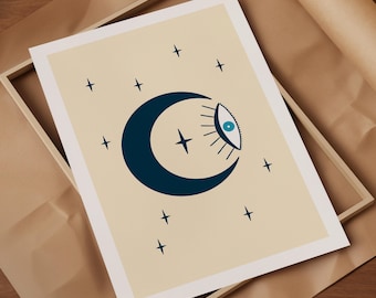 Stampa artistica con occhio mistico e luna: decorazione spirituale per la casa