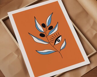 Stampa astratta di ramo d'ulivo: arte botanica surreale, decorazioni arancioni