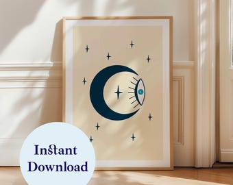 Stampa artistica con occhio mistico e luna: decorazione per studio di yoga spirituale (download digitale formato A4/A3)