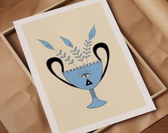Stampa di un vaso greco con occhio surreale: arte floreale astratta