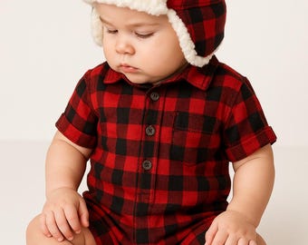 Holiday Romper | Woodland Lumberjack Romper & Earflap Hat Sewing Patterns (PDF Download) Newborn to 3 years