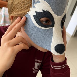 Può includere: Una maschera da procione in feltro grigio, bianco e nero. La maschera presenta una base grigio chiaro con dettagli bianchi intorno agli occhi e al muso, e dettagli grigio scuro per gli occhi e il naso. La maschera è tenuta davanti al volto di una persona.