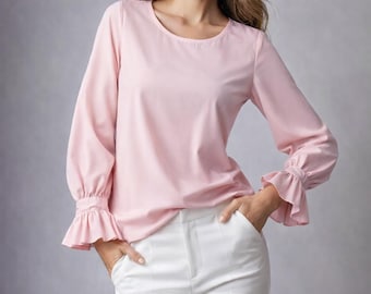 Ruffle Cuff Blouse Sewing Pattern | Women's Long Sleeve Top Pattern | Romantic Flounce Sleeve Blouse | Sizes 6-14 & 14X-24X Digital Download