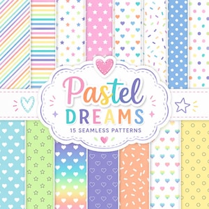 Può includere: Una collezione di 15 motivi digitali senza cuciture con colori e forme pastello tra cui strisce, stelle, cuori, punti e granelli. Un'etichetta bianca centrale mostra il testo Pastel DREAMS 15 SEAMLESS PATTERNS con un'icona a forma di cuore.