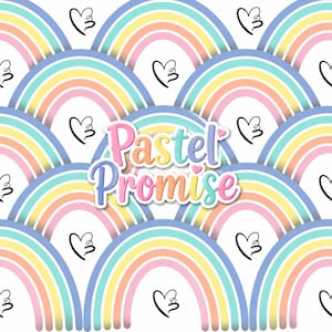 May include: A repeating pattern of pastel-coloured rainbows in shades of blue, yellow, and pink on a white background, interspersed with small black hand-drawn heart outlines. Centered is the text Pastel Promise in a multi-coloured gradient font.