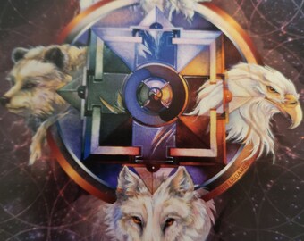 May include: A colorful illustration of four white animals: a wolf, a bear, a bird, and a goat. The animals are arranged around a geometric mandala with a swirling center. The background is a dark blue with white stars.