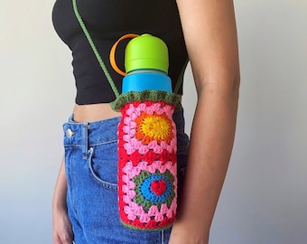 Cute Granny Square Bottle holder,Crochet Water Bottle carrier,Crossbody Cell Phone Bag, Drink Bottle Travel Bag,Boho Accessories,Phone Bag