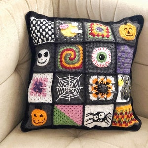 Custom Halloween Patchwork Throw Pillow,Unique Crochet Cushion Cover, Spooky Granny Square Pillowcase,Fall Home Decor Sofa Pillow Gift