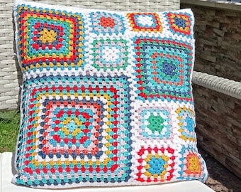 Unique Granny Square Pillowcase,Handmade Crochet Cushion Cover,Retro Patchwork Throw Pillow,Vintage Home Decor,Housewarming Gift,Sofa Pillow