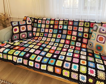 Crochet Granny Square Bedspread,Handmade Vintage   Bed Cover,Boho Knit Winter Sofa Throw,Large Afghan Crochet Blanket,Retro Home Decor