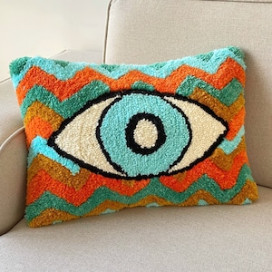 Hand Tufted Evil Eye Pillow Cover,Turkish Greek Blue Evil Eye Cushion Case,Good Luck Home Decor,Protection Amulet Throw Pillow,Boho Bedding