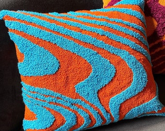 Hand Tufted Swirly Punch Needle Pillow Cover,Decorative Embroidered Cushion Case,Y2k Vibrant Wavy Lines,Fun Home Decor Rug,Psychedelic Print