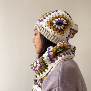 Crochet Granny Square Scarf Hat Set,Handmade Knit Winter Accessories,Unisex Fall Hair Accessory,Vintage Afghan Crochet,Holiday Gift for her