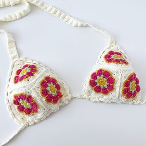 Handknitted Crochet Bikini with Retro Granny Square,Summer Women Tank Top,Festival Crop Halter Bralette with Adjustable Ties,Gypsy Yoga Top