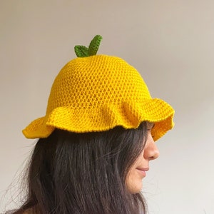 Cute Crochet Lemon Bucket Hat,Handmade Crochet Fruit Hat,Summer Knit Accessories,Afghan Crochet Pattern,Y2k Festival Beach Sun Hat