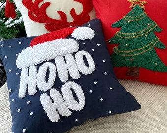 Hand Tufted Christmas Pillow Cover,Embroidered Santa Cushion Cover,  Winter Holiday Home Decor Rug,Merry Christmas Ornament,Noel Gift