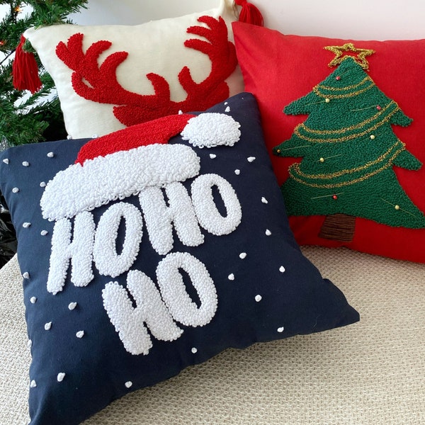 Hand Tufted Christmas Pillow Cover,Embroidered Santa Cushion Cover,  Winter Holiday Home Decor Rug,Merry Christmas Ornament,Noel Gift