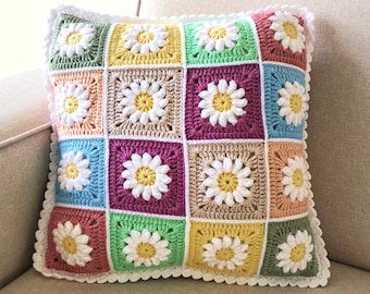 Handmade Crochet Cushion Cover,Granny Square Flower Pillowcase,Boho Patchwork Throw Pillow,Vintage Home Decor,Modern Daisy Knit Sofa Pillow