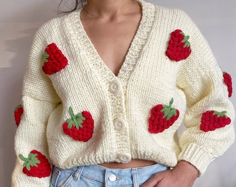 Hand Knit Chunky Strawberry Cardigan,Soft  Women Sweater,Handmade Crop Knit Outfit,Gift for her,Y2k Top with Strawberries,Handmade Jacket