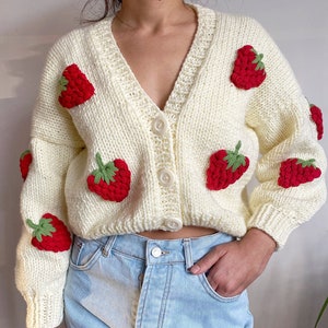 Hand Knit Chunky Strawberry Cardigan,Soft  Women Sweater,Handmade Crop Knit Outfit,Gift for her,Y2k Top with Strawberries,Handmade Jacket