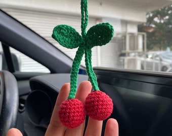 Handmade Crochet Cherry Car Mirror Charm, Amigurumi Car