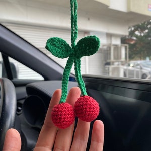 Handmade Crochet Cherry Car Mirror Charm, Amigurumi Car Accessories,New Car Gift,Car Mirror Hanging,Car Interior,Rear-View Mirror Pendant