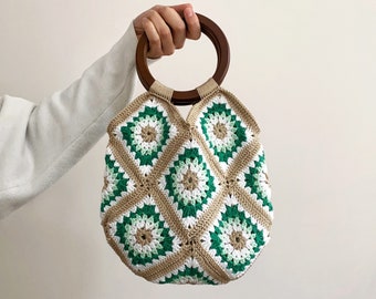 Handmade Mini Granny Square Crochet Hand Bag,Hand Knit Purse,Knitted Beach Bag,Knit Accessories Gifts,Vintage Tote Bag Wooden Handle