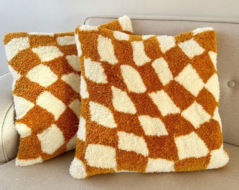 Funda de almohada tejida a mano con aguja de punzón, funda de cojín decorativa bordada con cuadros ondulados, estética de cuadros, funda de almohada tejida a mano