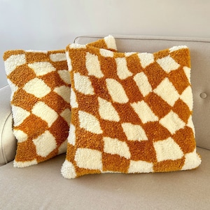Hand Tufted Punch Needle Pillow Cover,Decorative Embroidered Wavy Checkered Cushion Cover,Checker Aesthetics,Hand Tufted Pillowcase