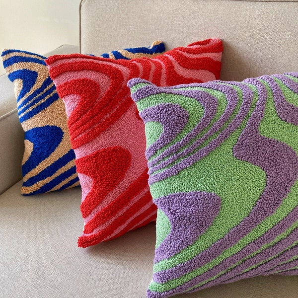 Hand Tufted Punch Needle Pillow Cover,Decorative Embroidered  Cushion Cover,Y2k Vibrant Wavy Lines,Fun Home Decor Rug,Psychedelic Printed
