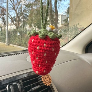 Handmade Strawberry Crochet Car Mirror Charms,Amigurumi Car Accessory,New Car Gift,Car Mirror Hanging,Car Interior,Rear-View Mirror Pendant