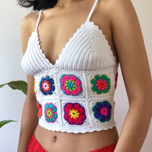 Vintage Granny Square Handknitted Crochet Top,Summer Women Tank Top,Festival Crop Halter with Adjustable Tie,Gypsy Festival Top,Gift for her