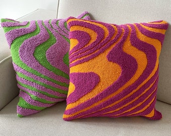 Groovy Punch Needle Pillow Cover,Decorative Embroidered  Cushion Cover,Y2k Vibrant Wavy Lines,Fun Home Decor Rug,Psychedelic Printed