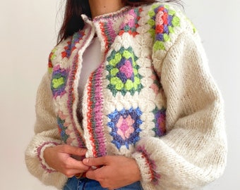 Handknit Granny Square Cardigan,Retro Patchwork Women Mohair Wool Sweater,Bohemian Crop Knit Outfit,Gift kit for her,Warm Knit Fashion Women