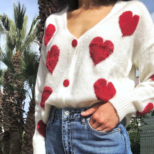 Knit White Sweater Red Heart Etsy