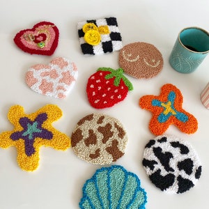 Customizable Hand Tufted Punch Needle Coaster,Decorative Y2k Mug Rugs,Fun Office Decor Rug,Handmade Mug Rug,Drink Coasters,Dorm Desk Decor