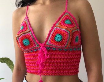 Handknitted Crochet Top with Retro Granny Square,Summer Women Tank Top,Festival Crop Halter Bralette with Adjustable Ties,Gypsy Yoga Top