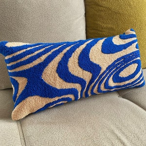 Hand Tufted Punch Needle Lumbar Pillow Cover,Decorative Embroidery Cushion Cover,Y2k Vibrant Wavy Lines,Fun Home Decor Rug,Psychedelic Print