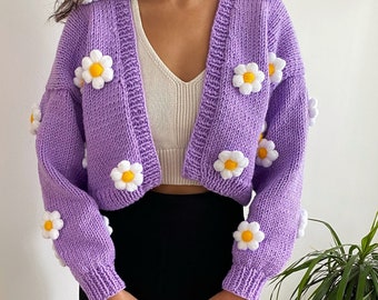 Handknit Chunky Daisy Cardigan Embroidery,Soft Flower Punch Needle Women Sweater,Handmade Crop Knit Outfit,Gift kit for her,Purple Y2k Top