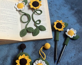 BACK to SCHOOL SET,Cute Sun Flower Crochet Bookmark,Daisy Book String,Crochet Pencil Toppers,Keychains,Kids School Favors,Book Club Gifts