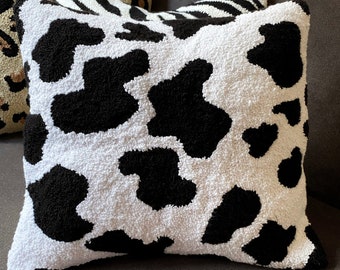 Hand Tufted Cow Print Punch Needle Pillow Covers,Black and White Embroidered Cushion Case,Jungle Home Decor Embroidery Rug Pillow