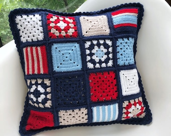 Handvirkat fyrkantigt örngott med mormormotiv, boho patchwork-kudde, 16x16