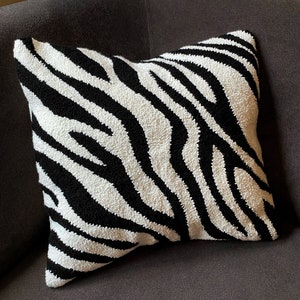 Hand Tufted Zebra Print Punch Needle Pillow Covers,Black and White Embroidered Cushion Case,Jungle Home Decor Embroidery Striped Rug Pillow