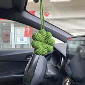 Handmade Crochet Clover Car Mirror Luck Charm,Amigurumi Car Accessory,New Car Gift,Car Mirror Hanging,Car Interior,Rear-View Mirror Pendant