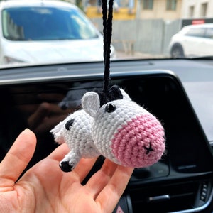 Cute Car Mirror Hanging Accessories, Crochet Car Hanger, Cow Knitted Pendant, For Women Teen Aesthetic Ornament, Boho Car Charm Decor