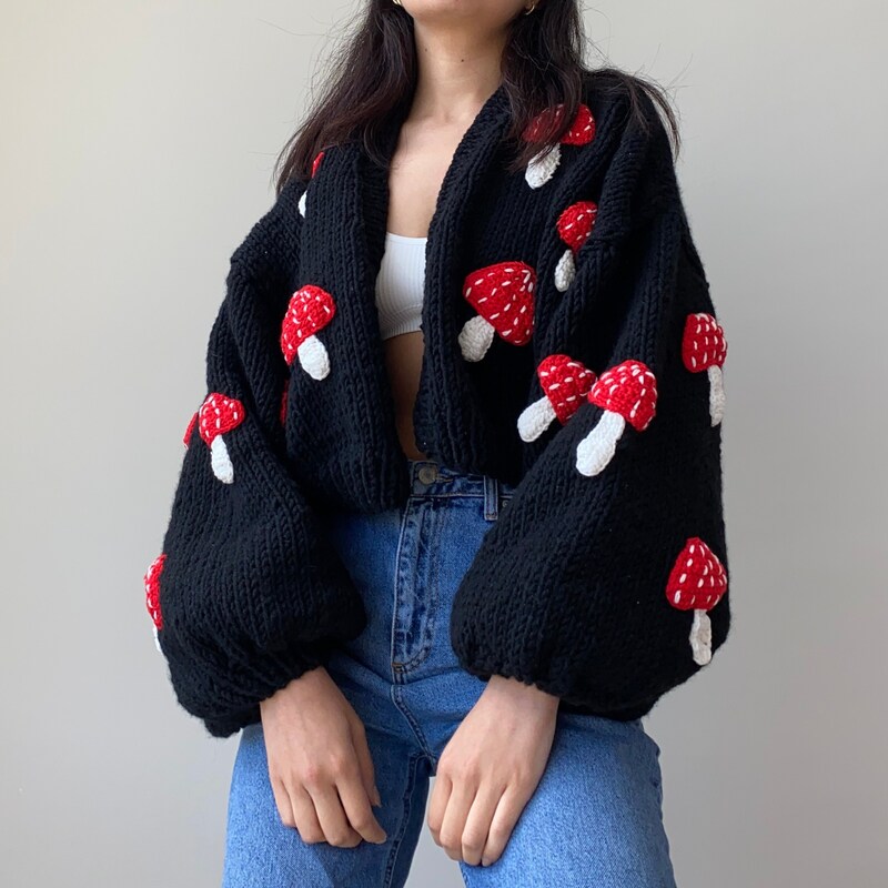 Retro stripe mushroom knit cardigan