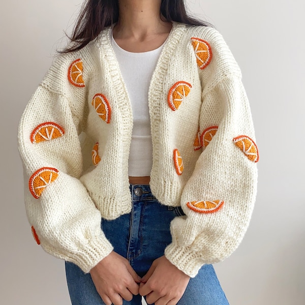 Hand Knit Chunky Orange Cardigan,Soft Fruity Women Sweater,Handmade Crop Knit Kawaii Outfit,Y2k Top with Orange Slices,Handmade Warm Jacket