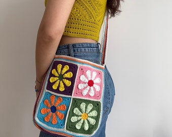 Handmade Flower Granny Square Crochet Bag,Vintage Crochet Purse,Crochet Shoulder Bag,Boho Accessories Gifts,Floral Print,Y2k Crochet Fashion