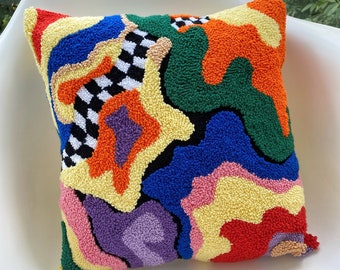 Hand Tufted Punch Needle Pillow Cover,Decorative Embroidered  Cushion Cover,Y2k Checker Aesthetics,Fun Home Decor Rug,Colourful Throw Pillow